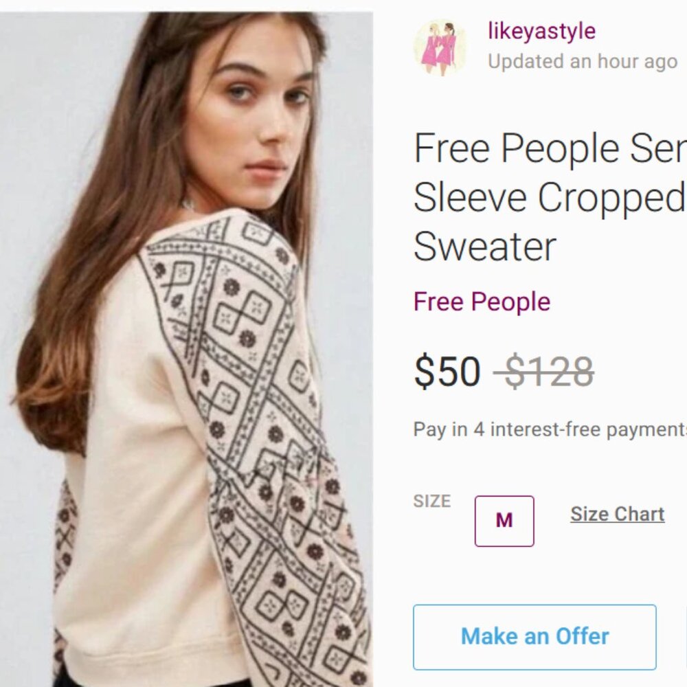 Free People Senorita Embroidered Puff Sleeve Cropped Oversized V-Neck Sweater